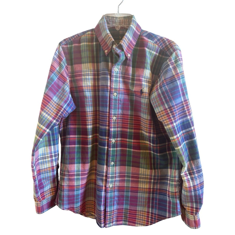 Polo Ralph Lauren Med Blue Label Men's Pastel Plaid Long Sleeve Button Up Shirt
